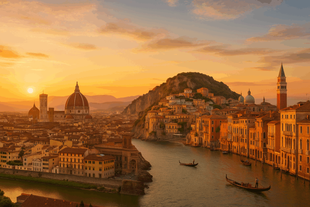 Panoramic sunset view of Italy combining Florence’s Duomo, the Amalfi Coast cliffs, and Venice canals with gondolas, all glowing in warm golden light.