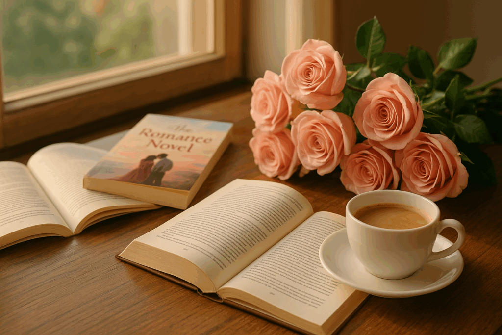 Open romance novels and pink roses on a table with sunlight streaming through a window beside a warm cup of coffee.