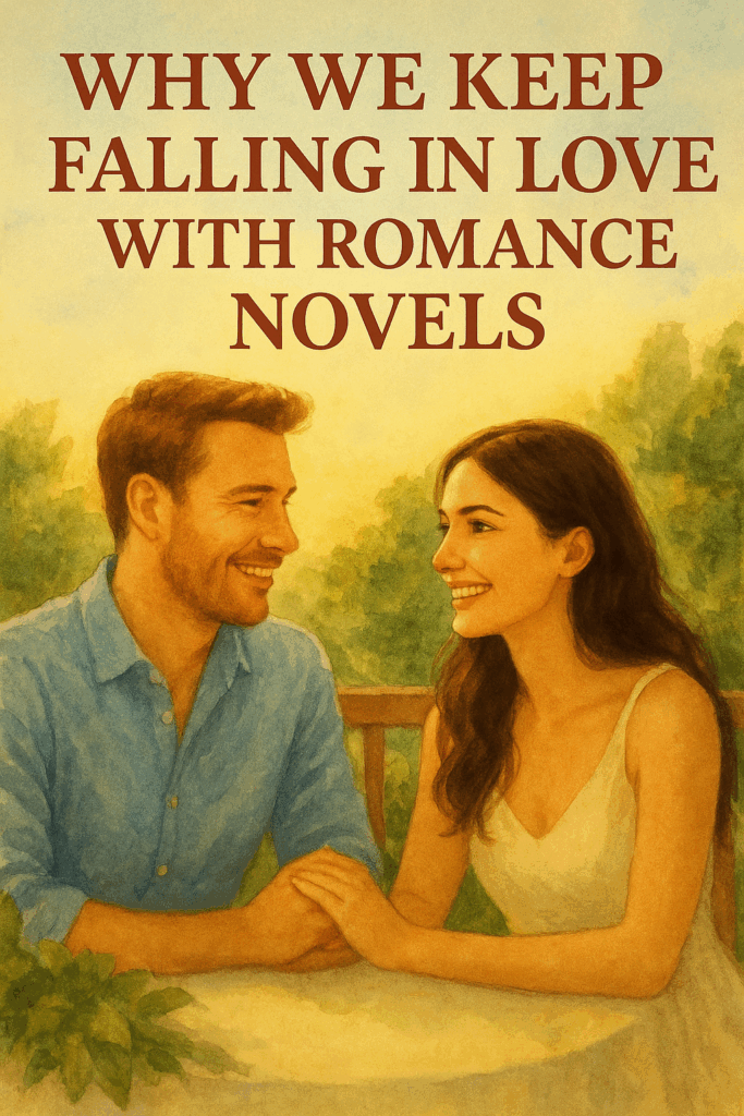 A watercolor-style image of a woman reading a romance novel at a cozy seaside café in Italy during golden hour, with a cappuccino, roses, and soft sunlight reflecting off the sea, symbolizing warmth, inspiration, and the beauty of storytelling.