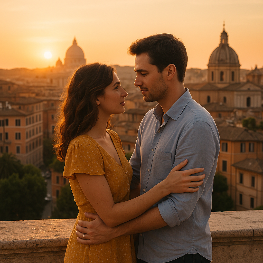 Romantic couple standing on a terrace in Rome at sunset, gazing into each other’s eyes with domed rooftops and golden light in the background, symbolizing Italian romance and timeless love.