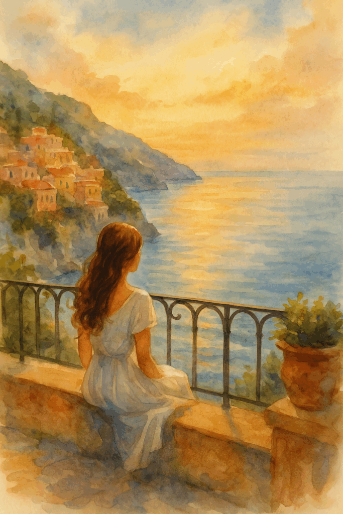 Watercolor painting of a woman in a white dress sitting on a terrace overlooking the Amalfi Coast at sunrise, soft pastel tones of sea and sky creating a peaceful and romantic mood.
