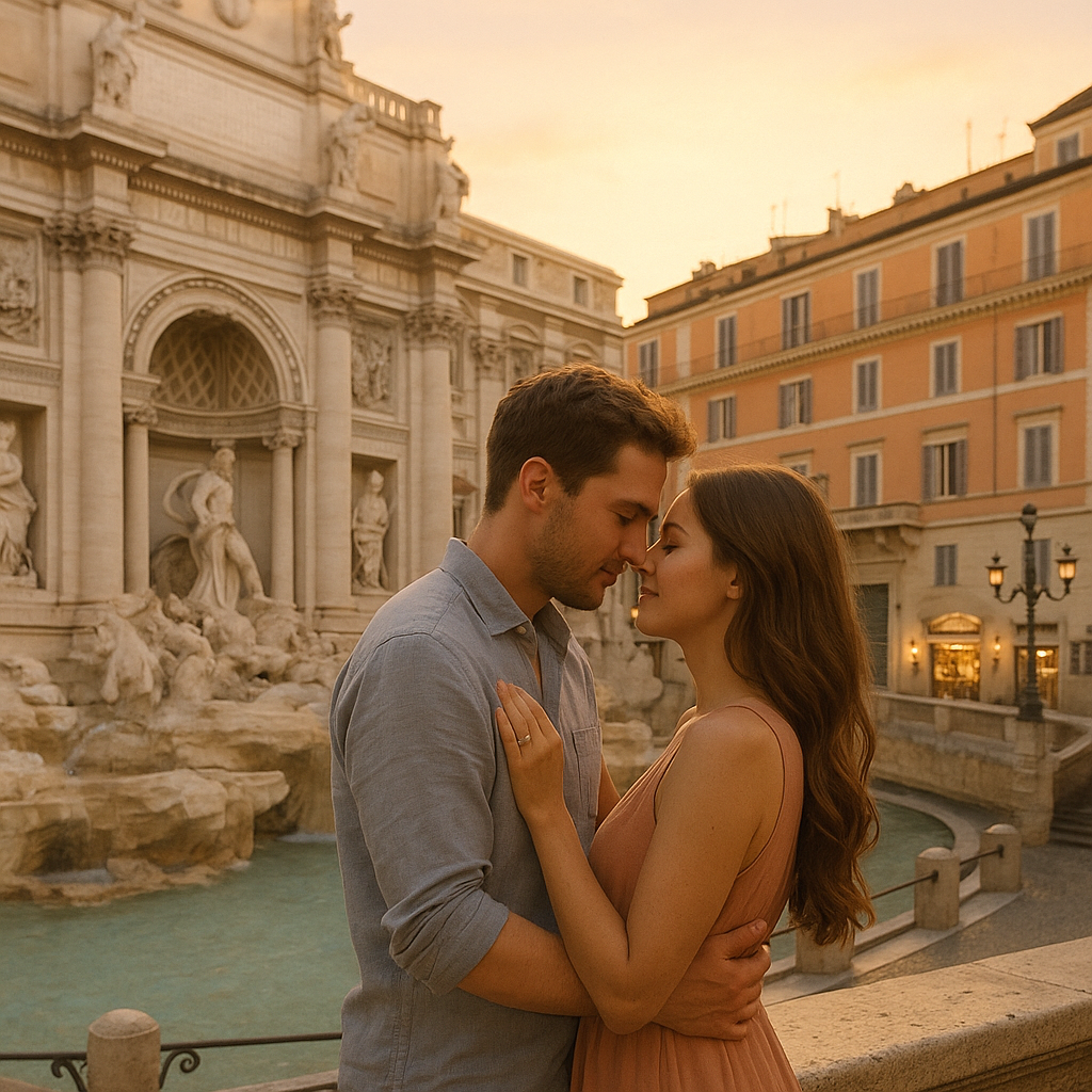 Romantic couple embracing near the Trevi Fountain in Rome at sunset, with golden light reflecting on the water and historic buildings in the background.