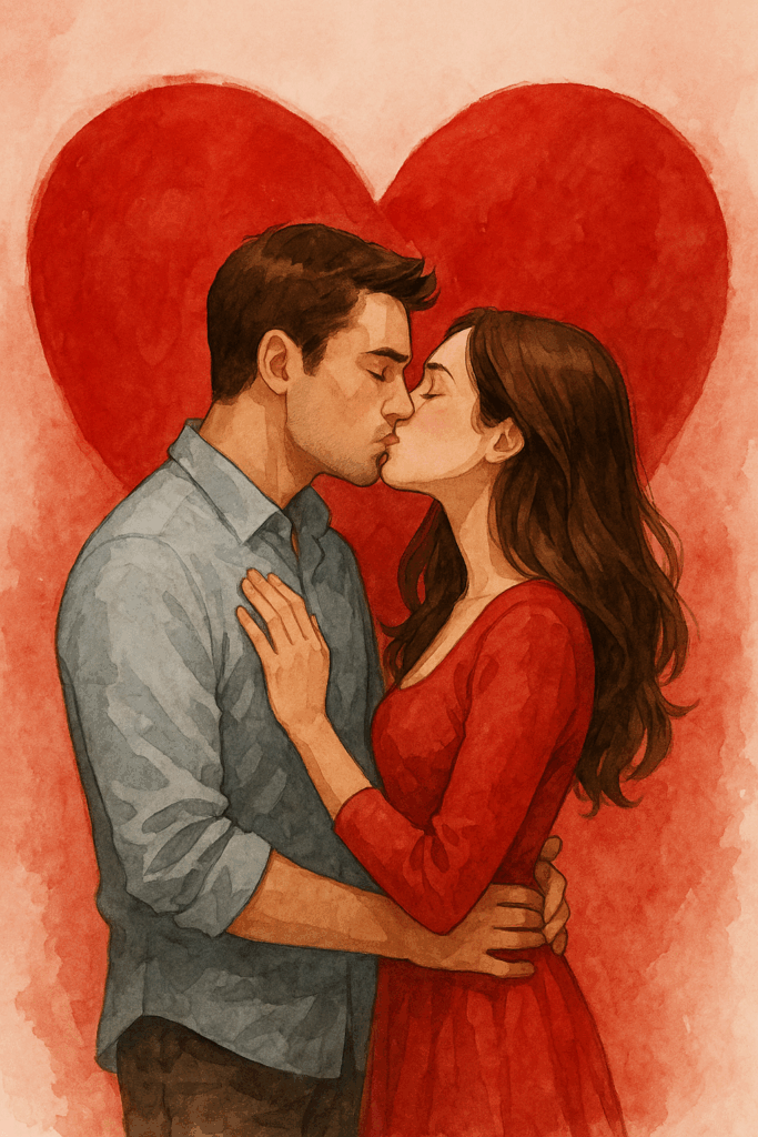 A digital illustration of an attractive couple kissing in front of a large red heart, with soft lighting and a romantic atmosphere, symbolizing passion and love for a romance novel theme.