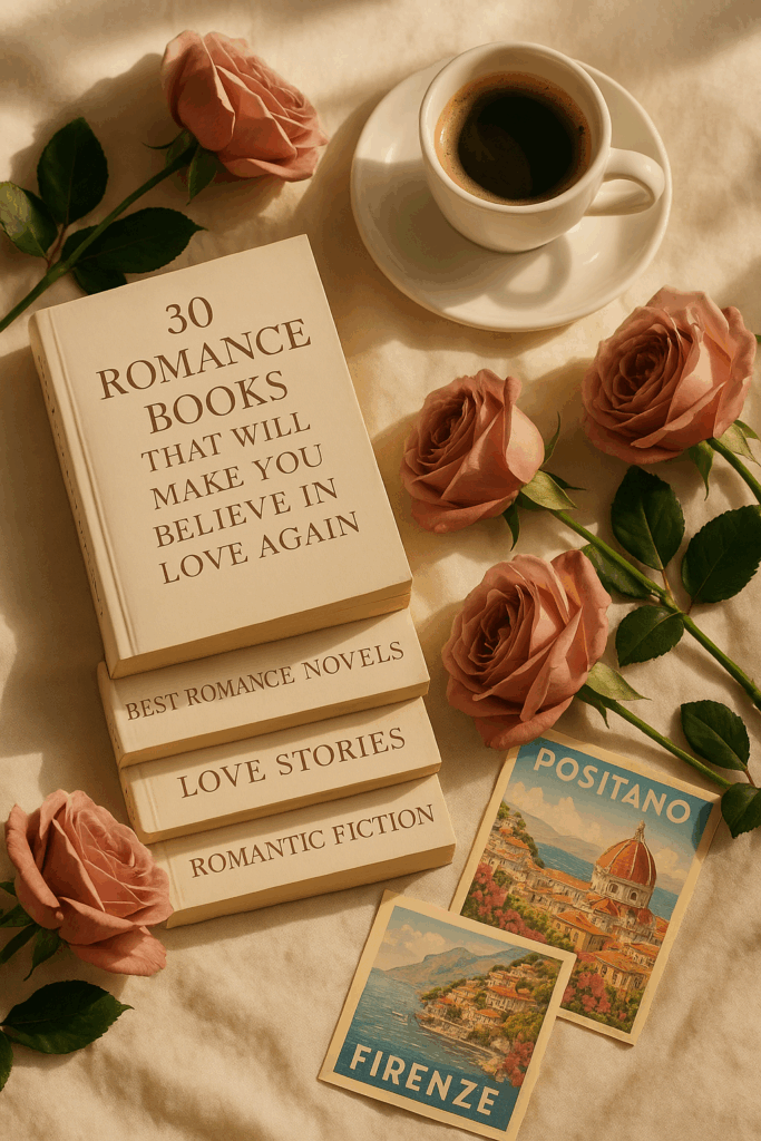 Stack of romance novels surrounded by roses, Italian travel postcards, and a cup of espresso in warm sunlight.