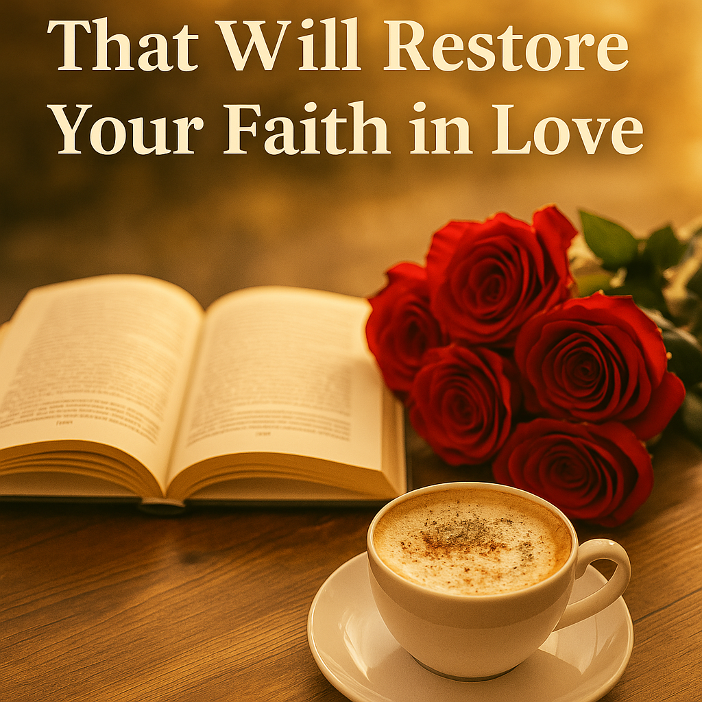 A realistic photograph of an open book with rose petals, a cup of cappuccino, and a bouquet of roses on a table overlooking the Amalfi Coast at sunset, symbolizing warmth, romance, and the beauty of storytelling.