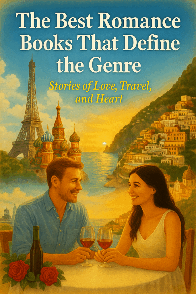 A romantic cinematic illustration of a couple traveling through iconic destinations including the Amalfi Coast, Paris, Santorini, and Tuscany, surrounded by golden light, seaside cliffs, and warm Italian tones, symbolizing the best romance novels and Italian romance books.