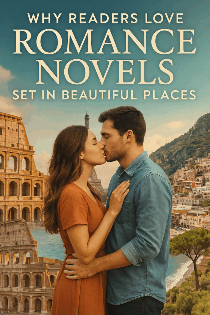 A romantic couple kisses in front of a collage of iconic destinations, including the Colosseum in Rome, the Eiffel Tower in Paris, and the Amalfi Coast in Italy. The image features soft golden lighting and warm tones, symbolizing romance novels set in beautiful places.