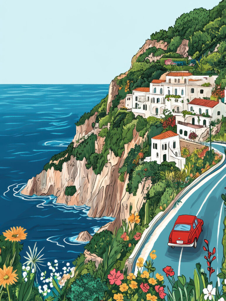 Amalfi Coast watercolor with a red car on a beautiful road by the sea.