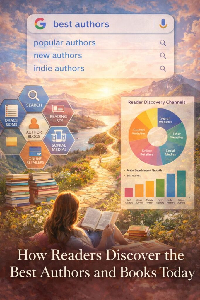 Illustration showing how readers discover the best authors and books through search engines, reading lists, author blogs, social media, and online retailers, with charts and scenic pathways symbolizing modern book discovery and reader journeys.