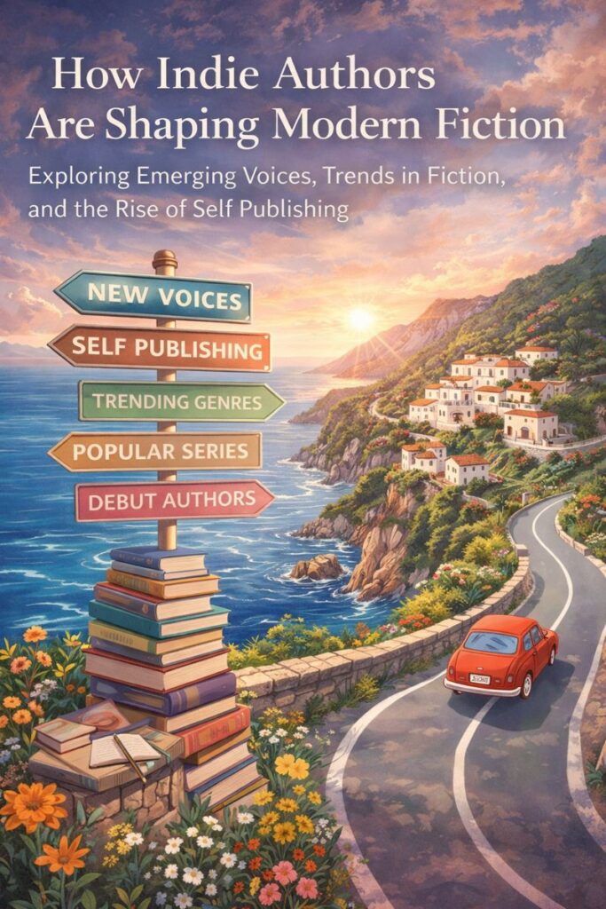Illustrated coastal road along the Mediterranean with a vintage red car, stacked books, and signposts labeled new voices, self publishing, trending genres, popular series, and debut authors, symbolizing how indie authors shape modern fiction.