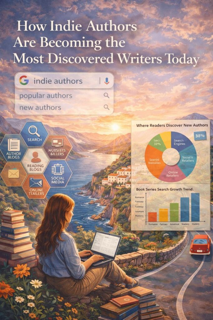 Illustrated scene of an indie author overlooking a coastal landscape with books, search icons, and data charts showing how readers discover indie authors through search engines, blogs, and online retailers.