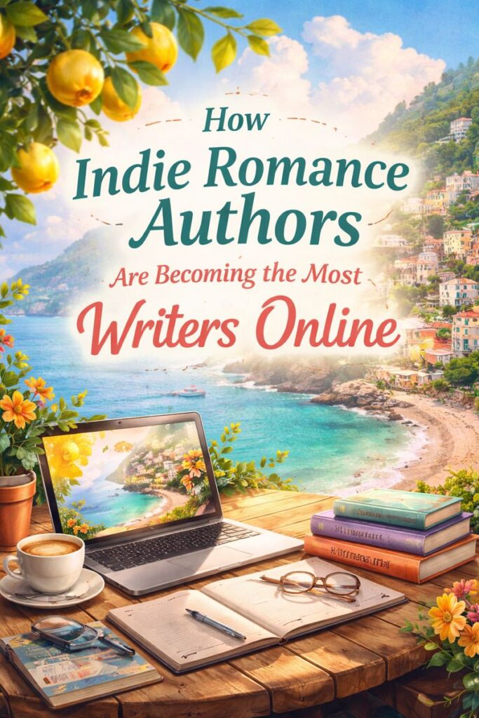 Scenic Amalfi Coast workspace with a laptop, romance novels, coffee, and notebooks on a wooden table overlooking turquoise water and cliffside villages, symbolizing how indie romance authors build online discovery through SEO and visual storytelling.