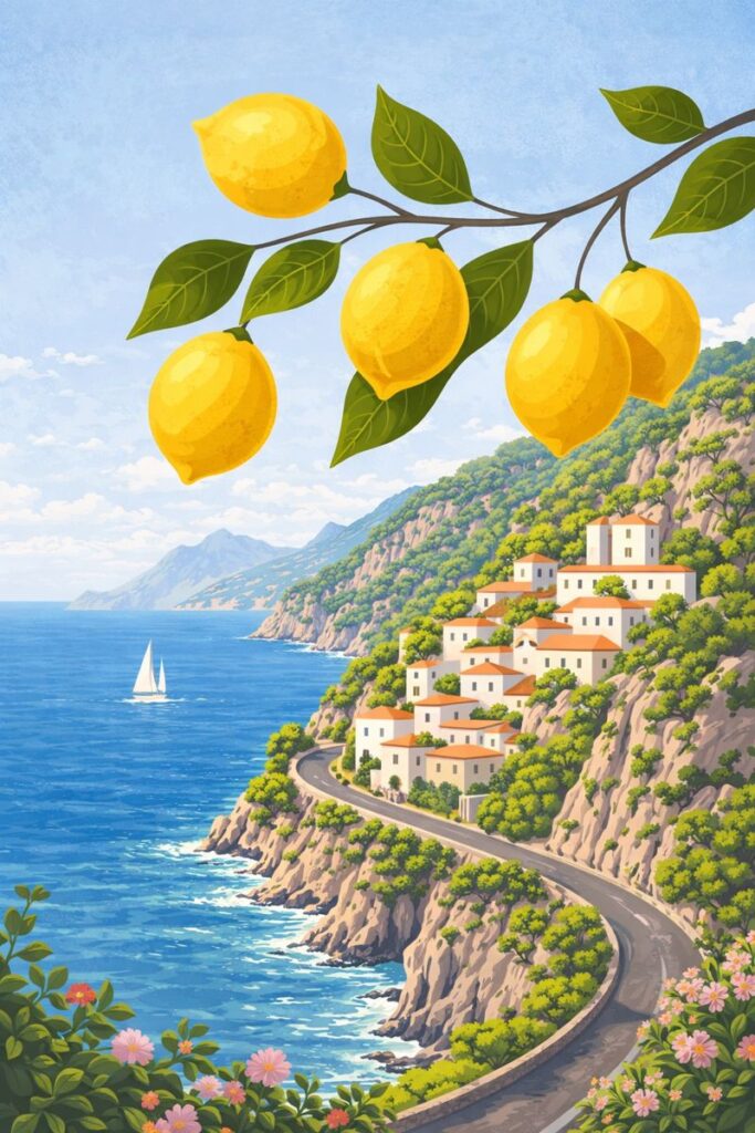 Stylized illustration of the Amalfi Coast with a lemon branch in the foreground, pastel hillside villages, a winding coastal road, and a sailboat on the blue Mediterranean Sea, evoking Italian romance, travel, and creative inspiration.
