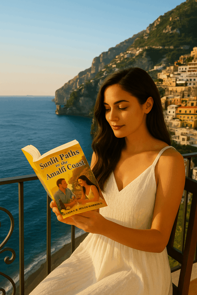Woman in a white dress reading Sunlit Paths to the Amalfi Coast on a balcony overlooking the Positano coastline with pastel cliffside homes and the blue Mediterranean Sea behind her.