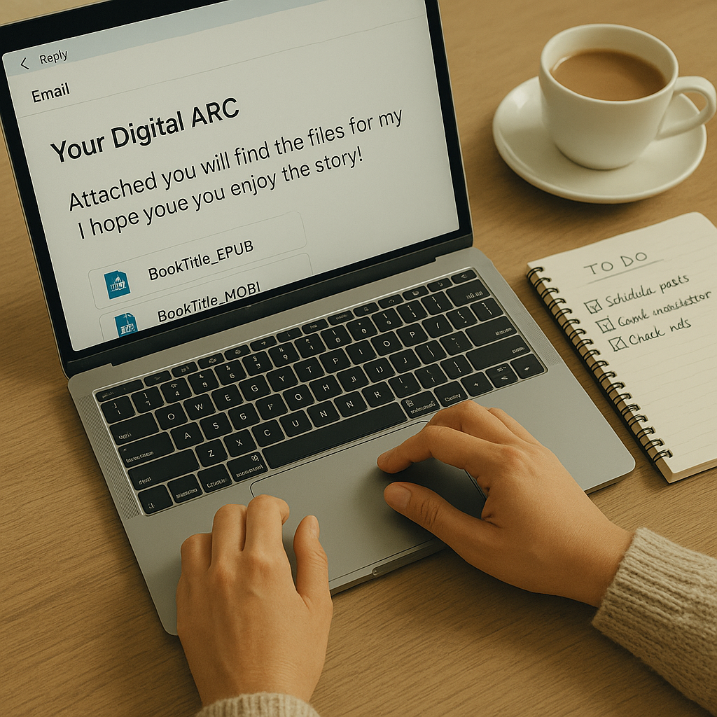 Laptop displaying a clear email titled “Your Digital ARC” with attached EPUB and MOBI files, while an author types at the desk with a to do list and a cup of coffee nearby.