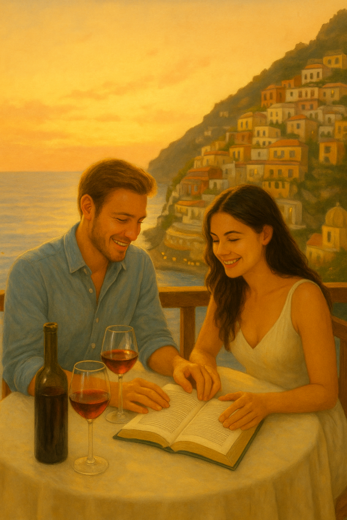 Romantic couple sitting at a seaside table in Positano at sunset, sharing a book and glasses of red wine while pastel cliffside homes glow behind them.