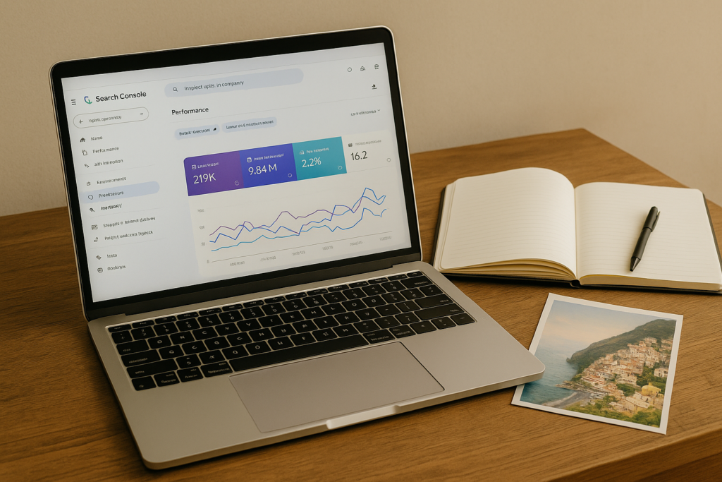 Laptop displaying Google Search Console performance data on a wooden desk beside an open notebook with a pen and a printed photo of the Amalfi Coast.