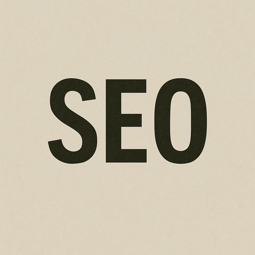 Simple beige graphic with the bold black letters SEO centered on the image.