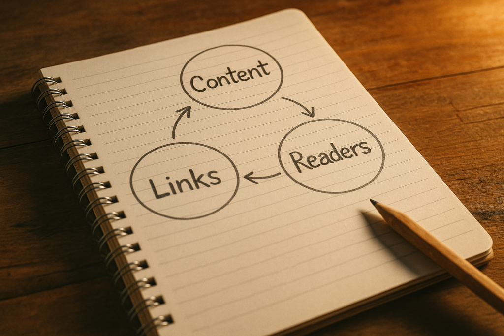 Open notebook with hand drawn circles labeled Content, Links, and Readers connected by arrows, shown on a wooden table with warm light.