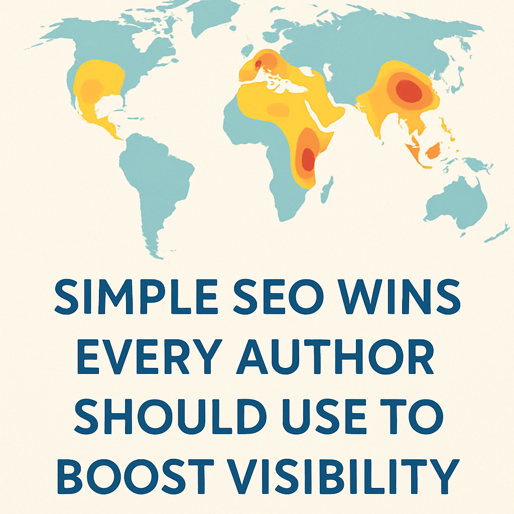 Flat design world map with yellow, orange, and red heat spots showing global SEO activity, with bold text below reading Simple SEO Wins Every Author Should Use to Boost Visibility.