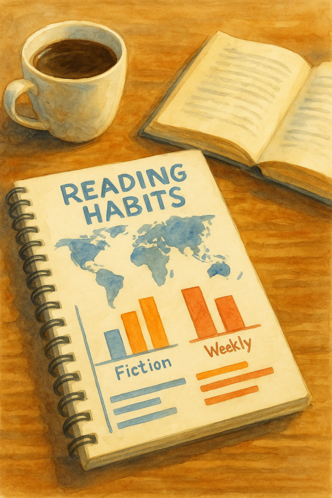 Watercolor illustration of a notebook labeled Reading Habits with simple charts, a world map, a cup of coffee, and an open book on a wooden table.