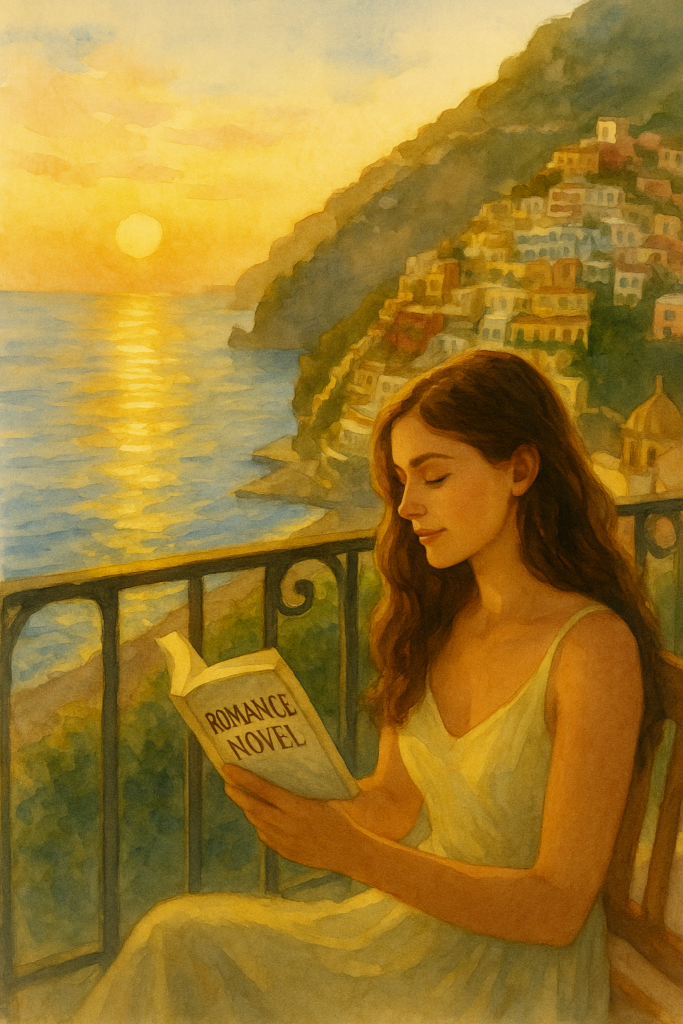 Watercolor painting of a woman reading a romance novel on a balcony overlooking Positano at sunset, with warm golden light reflecting on the sea and pastel cliffside homes.