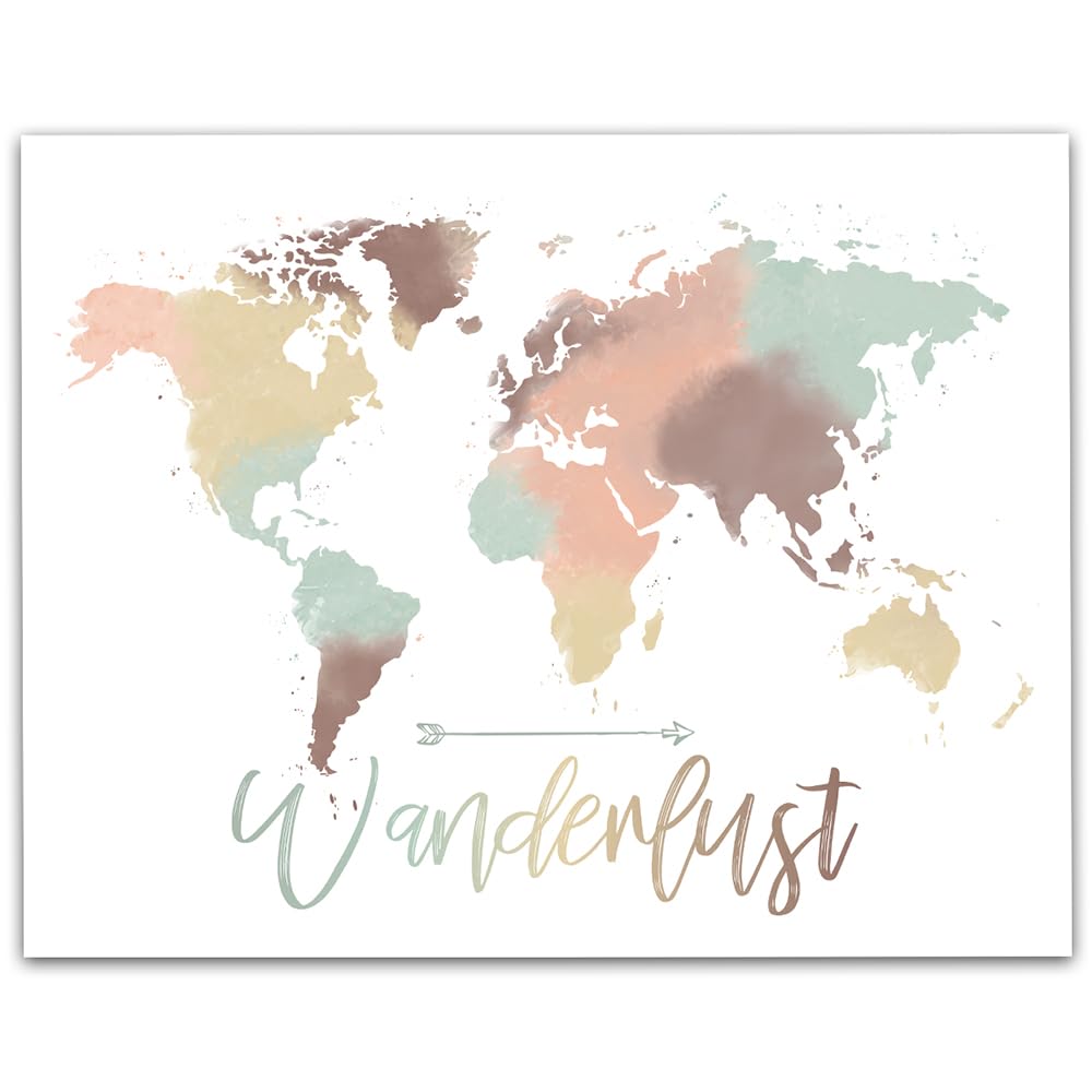 Watercolor illustration of a world map with softly highlighted regions symbolizing wanderlust, travel inspiration, and a love of discovering new places.