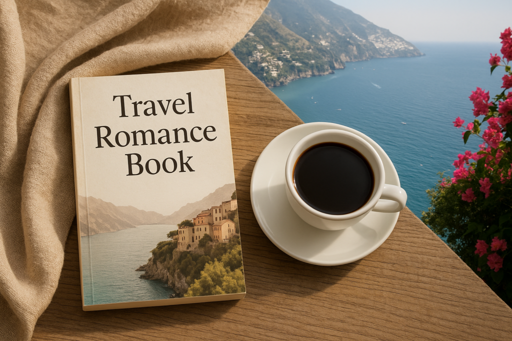 Travel romance book with coffee overlooking the Amalfi Coast in Italy, representing romantic travel fiction and Italian romance novels