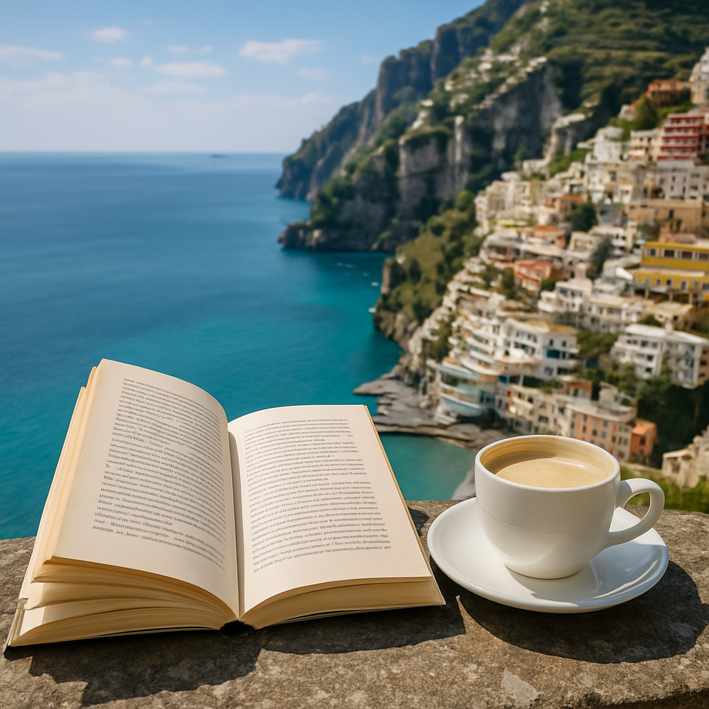 Open romance novel with coffee overlooking the Amalfi Coast in Italy, representing romantic travel fiction and book discovery for romance readers