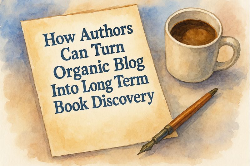 Watercolor illustration of a parchment-style page with a fountain pen and coffee cup, symbolizing an author turning organic blog writing into long term book discovery.