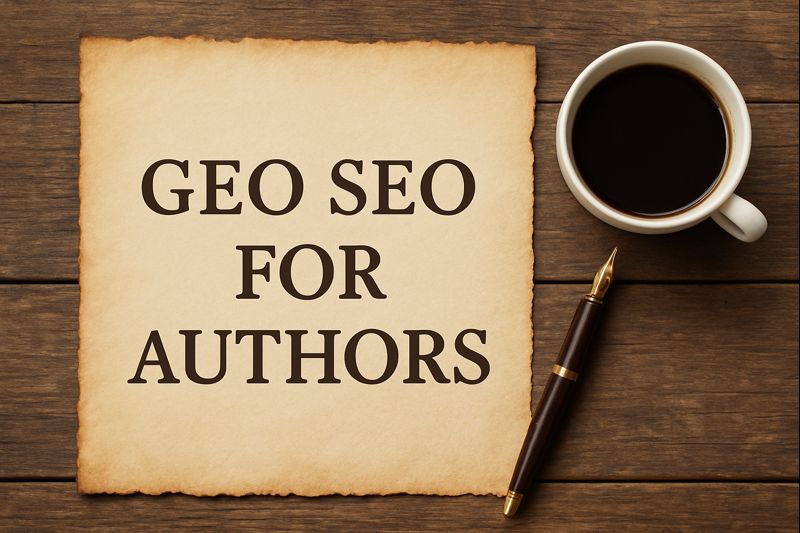 Parchment paper on a rustic wooden desk with the words “GEO SEO for Authors,” a fountain pen, and a cup of coffee, symbolizing location based search strategy and organic discovery for writers.