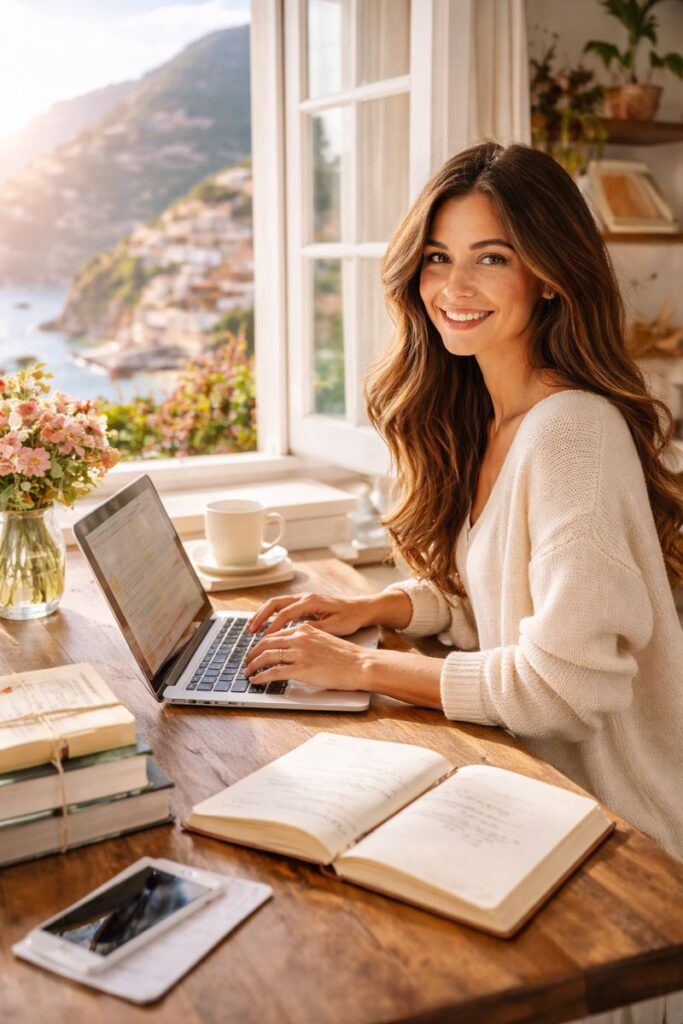 Young woman author working on SEO content at a wooden desk with books and a laptop, overlooking a Mediterranean coastal town, representing SEO strategy for authors and creative visibility.