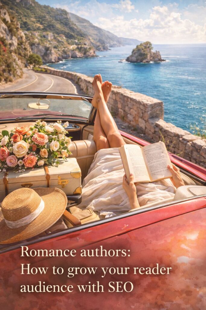 Woman reading a romance novel in a vintage convertible parked along a Mediterranean coastal road with blue ocean views, flowers, and luggage, symbolizing romance, travel, and reader discovery.