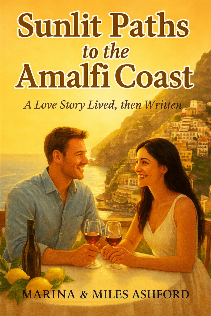 Book cover of Sunlit Paths to the Amalfi Coast showing a smiling couple sharing wine at a seaside table with the Amalfi Coast cliffs and pastel buildings glowing in warm evening light.