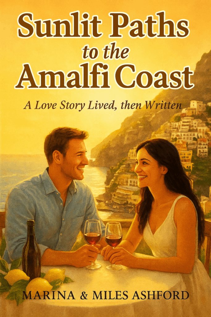 Book cover of Sunlit Paths to the Amalfi Coast showing a couple sharing wine at a seaside table with the Amalfi Coast in the background.