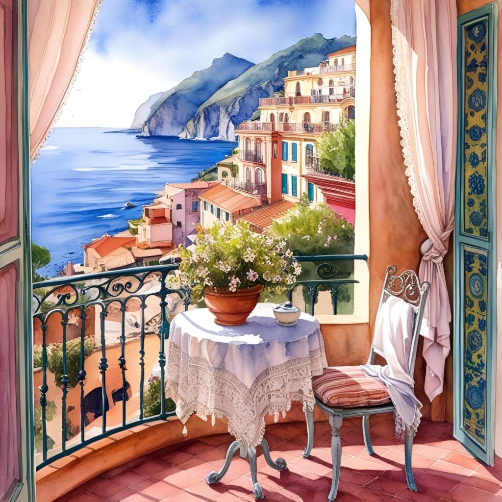 Beautiful view of Amalfi Coast looking out over a balcony, table, chair and the sea.