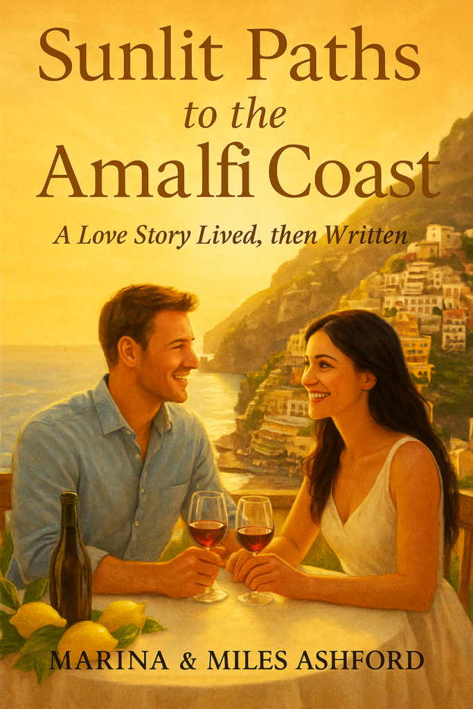 Book cover of Sunlit Paths to the Amalfi Coast by Marina & Miles Ashford, a contemporary romance novel set along the Amalfi Coast in Italy, featuring themes of love, healing, travel, and self discovery.