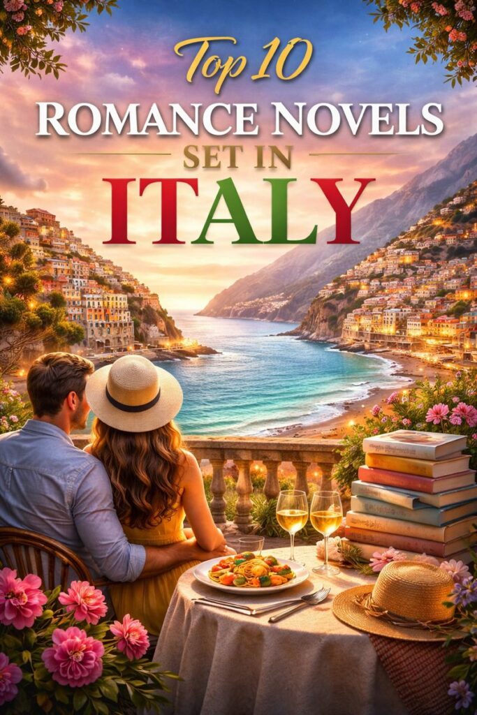 Alt text: Romantic Amalfi Coast sunset scene with a couple dining on a terrace overlooking the sea, colorful Italian cliffside villages, wine glasses, books on a table, and warm evening light, representing romance novels set in Italy.