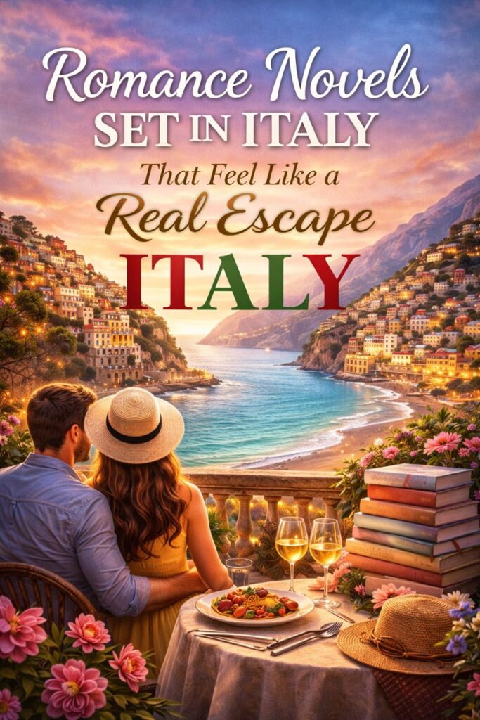 Romantic Amalfi Coast terrace at sunset with a couple overlooking colorful Italian cliffside villages, wine glasses, books on a table, and the Mediterranean Sea, representing romance novels set in Italy and emotional travel escape.