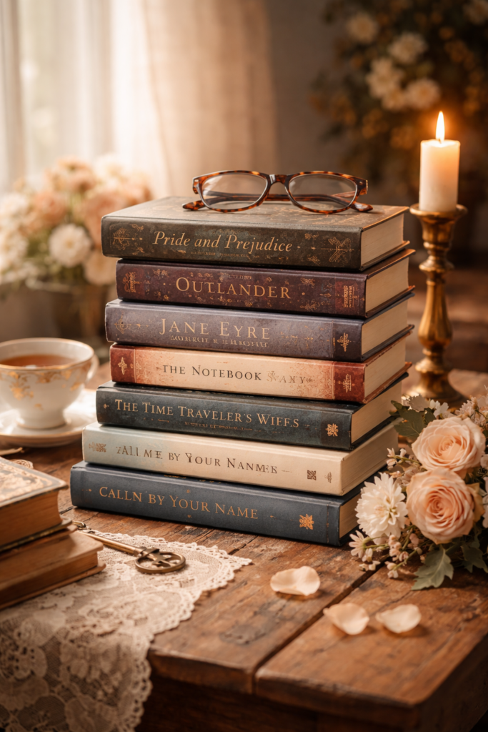 Stack of timeless romance novels on a rustic wooden table with soft candlelight, reading glasses, teacup, and roses, creating a warm and nostalgic reading atmosphere.