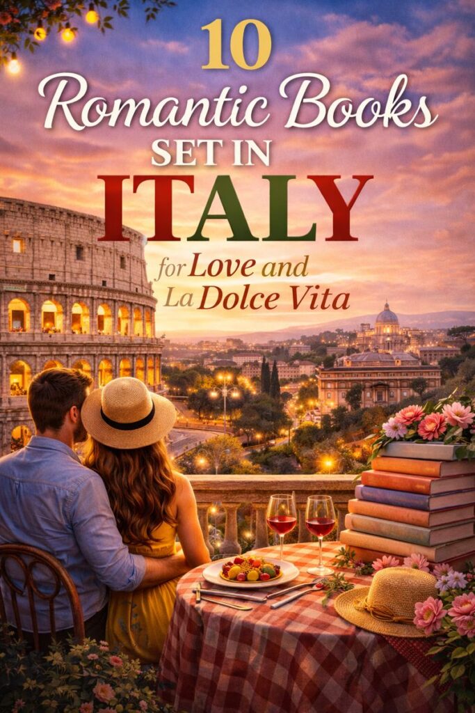 Romantic evening scene in Rome with a couple seated on a terrace overlooking the Colosseum at sunset, warm city lights, wine glasses, stacked books, and a cozy atmosphere representing romance novels set in Italy.
