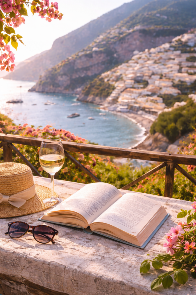 Open book on an Amalfi Coast terrace with wine and coastal view in Italy at sunset