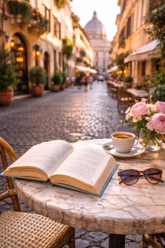 Open book and espresso on a café table along a cobblestone street in Rome with St. Peter’s Basilica in the background