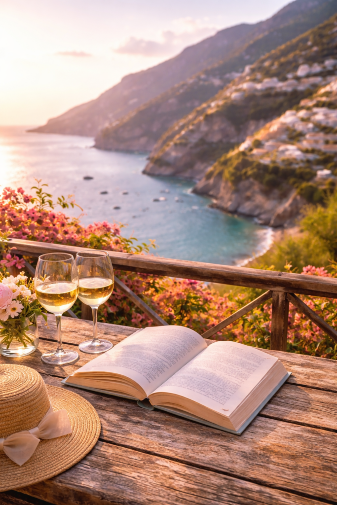Open book on a wooden terrace overlooking the Amalfi Coast with Mediterranean sea cliffs at sunset