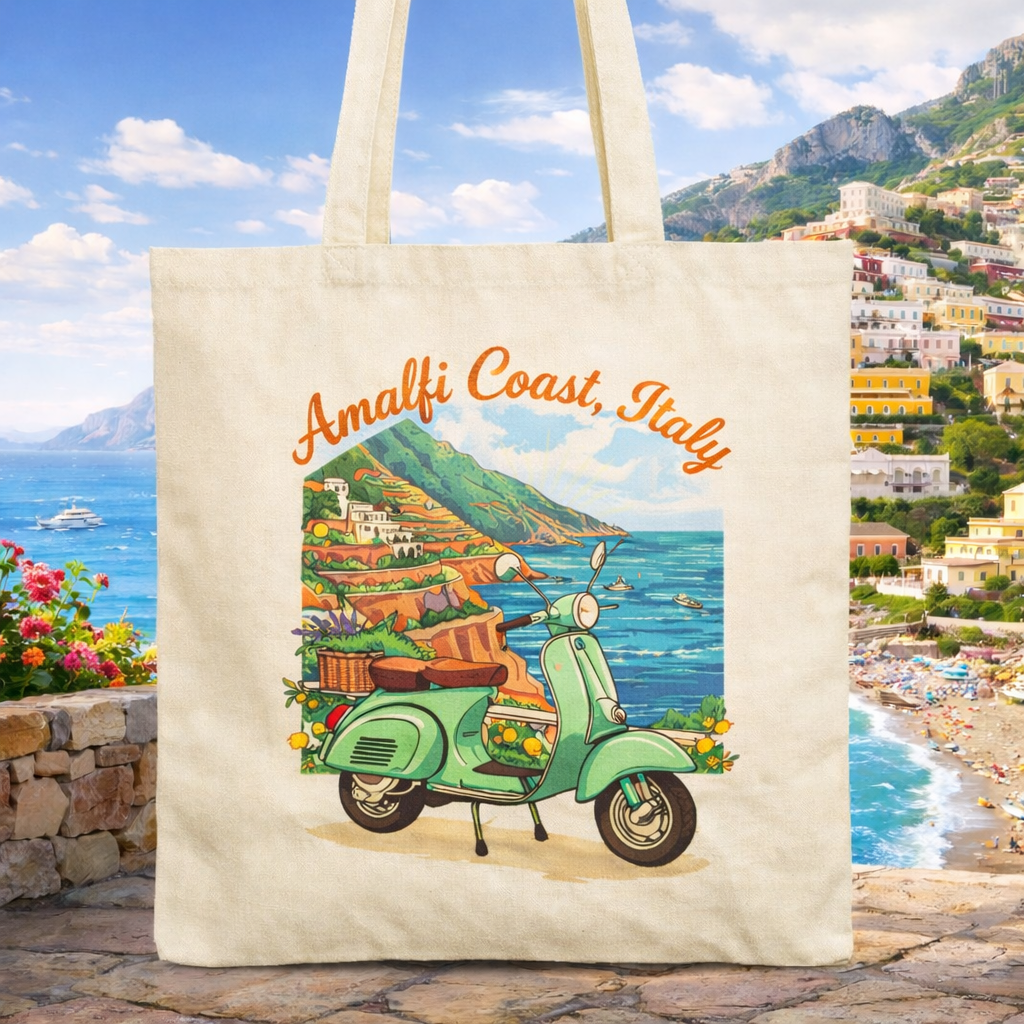 Amalfi Coast vintage Vespa coffee mug with yellow scooter, Italian coastal village, lemon accents, and scenic Mediterranean seaside background