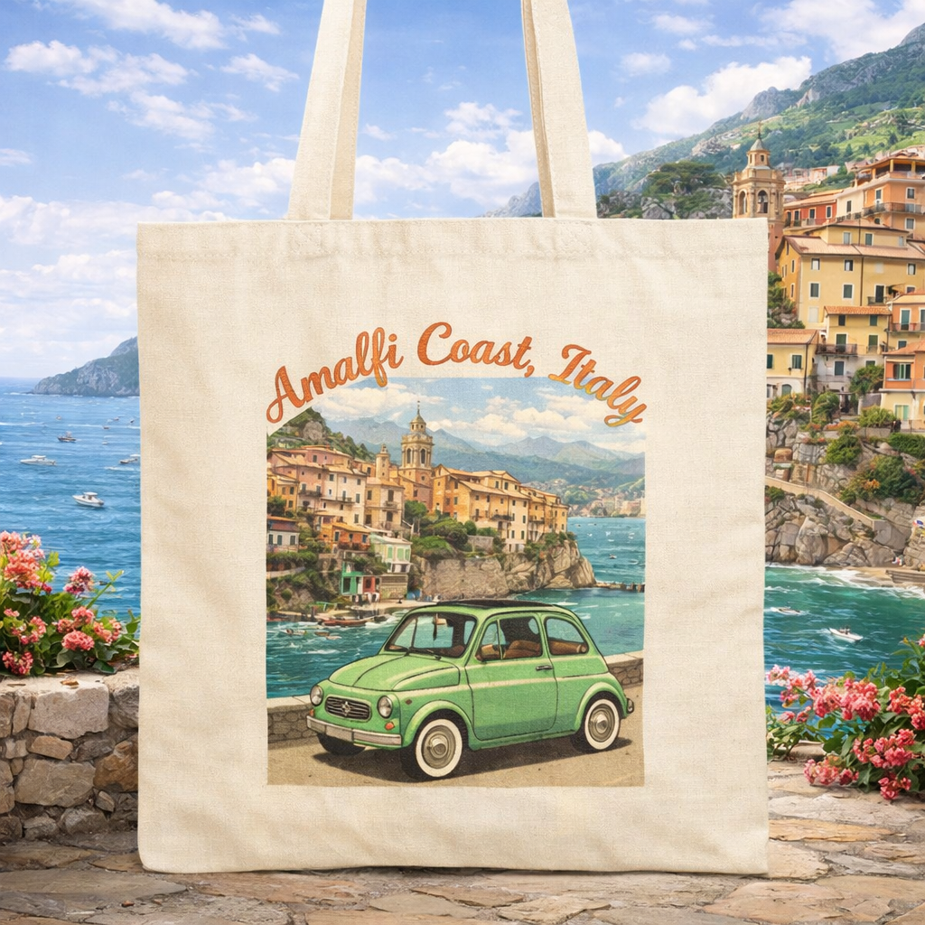Amalfi Coast Italy tote bag with vintage coastal village and classic car design by the Mediterranean Sea