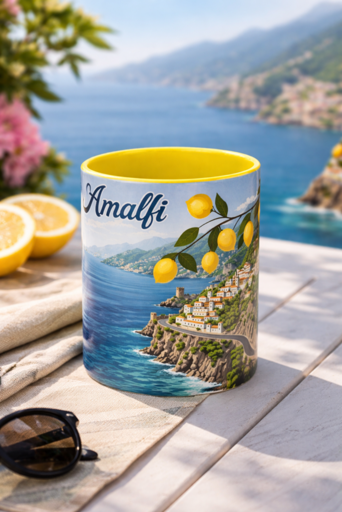 Amalfi Coast Italy coffee mug with vintage coastal village and design by the Mediterranean Sea