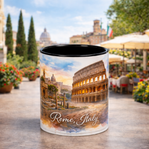 Rome Italy cityscape coffee mug featuring iconic skyline, historic architecture, and warm sunset tones on an 11oz accent mug