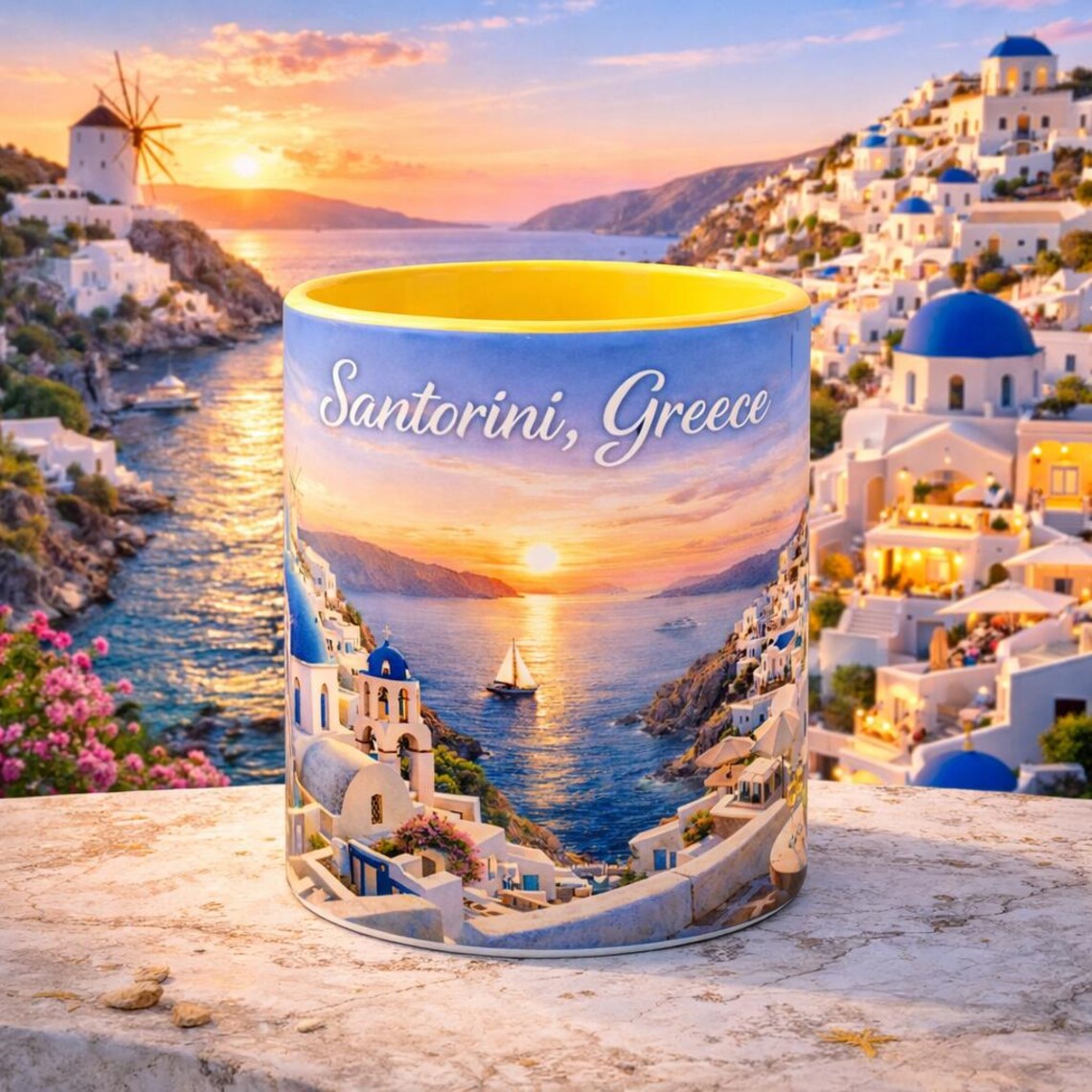 Santorini Greece sunset coffee mug with vibrant coastal village, blue domes, sailboat, and golden ocean view on an accent mug
