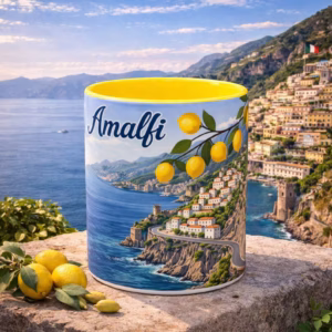 Amalfi Coast lemon coffee mug with vibrant seaside Italian village scene and bright citrus design on an 11oz accent mug
